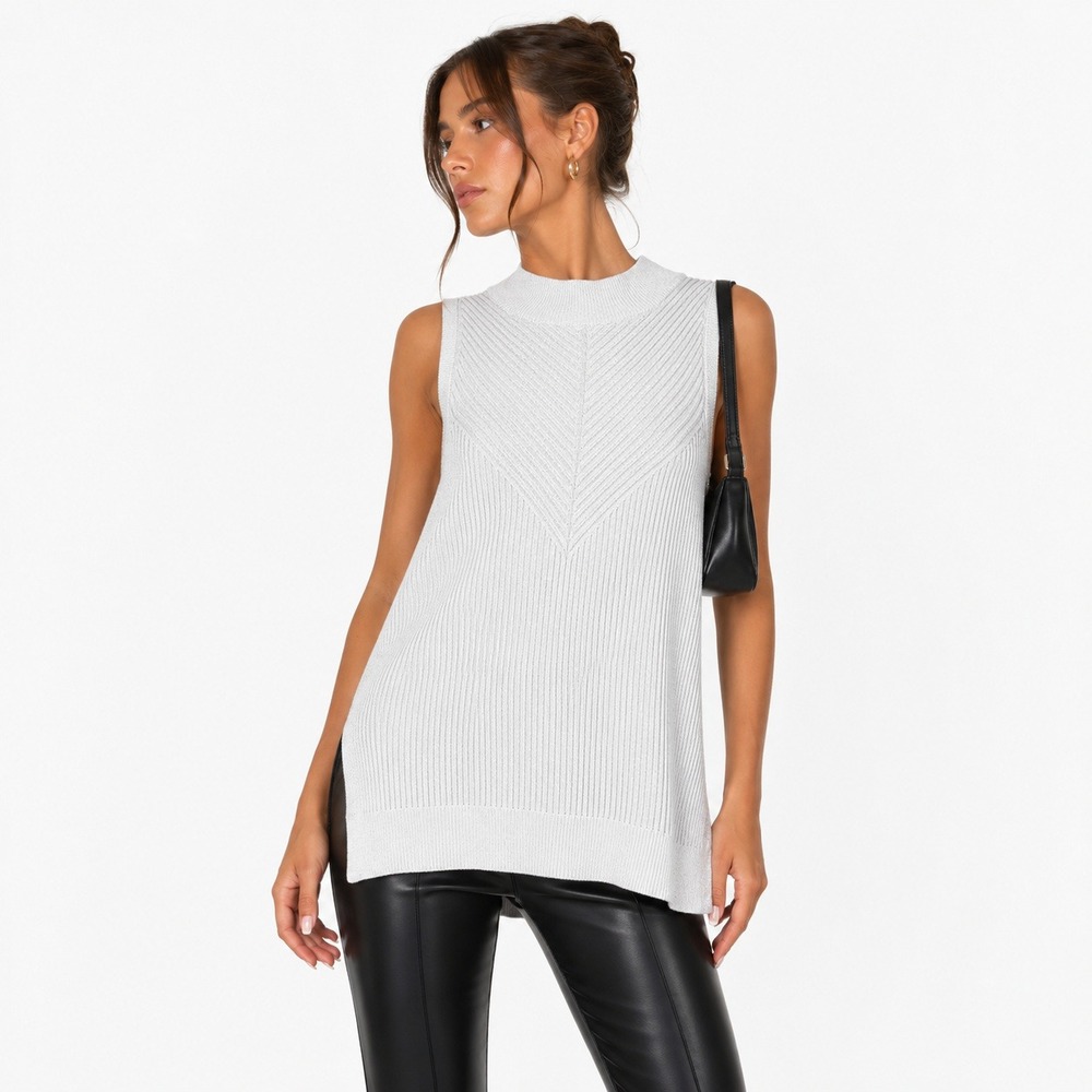Banana Republic Mock Neck Chevron Ribbed Sweater Tank White Minimalist Size S